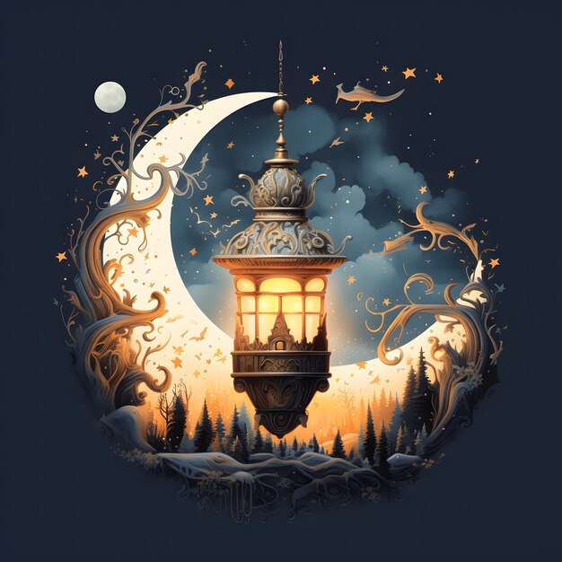 Luna crescente e lanterna in un ambiente tranquillo illustrazione