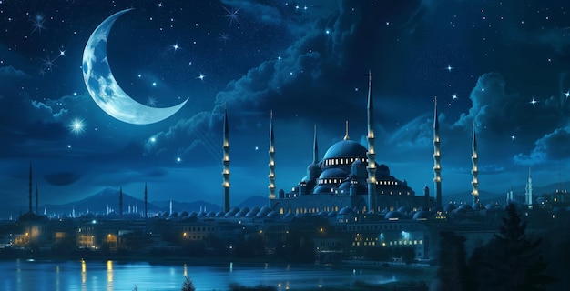 Luna crescente e stelle illuminano l'antica moschea durante la notte