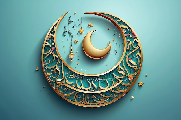 Luna crescente lucida decorata con fiori con testo di calligrafia islamica araba Eid Mubarak su g