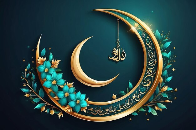 Luna crescente lucida decorata con fiori con testo di calligrafia islamica araba Eid Mubarak su g