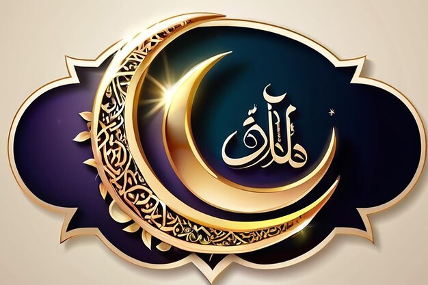 Luna crescente lucida decorata con fiori con testo di calligrafia islamica araba Eid Mubarak su g
