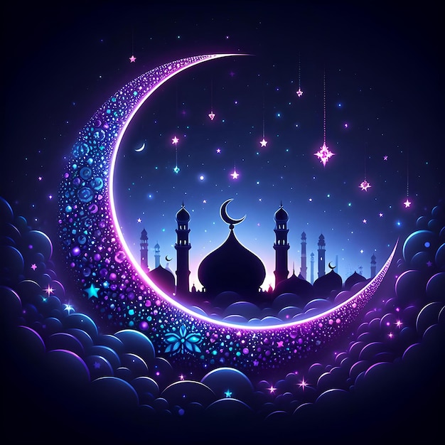 luna crescente nel cielo con la silhouette di una moschea per celebrare le festività islamiche