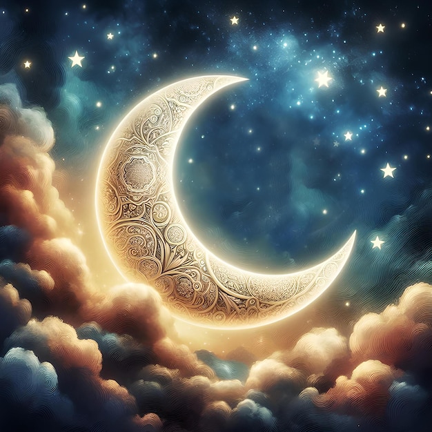 luna crescente nel cielo decorata con stelle e nuvole per celebrare le festività islamiche in un dipinto