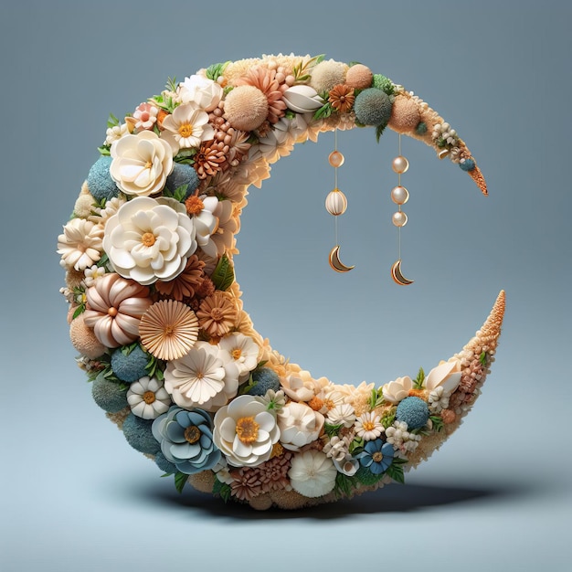 Luna crescente realistica 3D fatta di bellissimi fiori con tema di Ramadan isolato