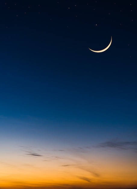 Luna crescente sul cielo al crepuscolo verticale