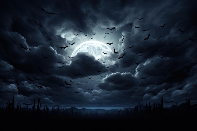 Luna di Halloween con nuvole e pipistrelli di notte