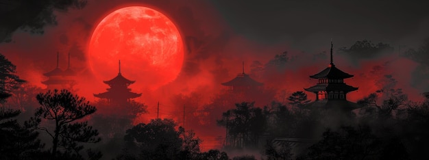 Luna di sangue sopra i tradizionali templi asiatici in un paesaggio nebbioso