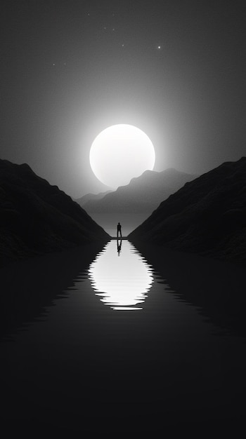 Luna e montagna al buio con riflesso nell'acqua illustrazione 3d