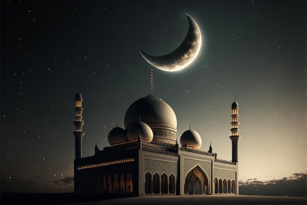 Luna e moschea a forma di mezzaluna davanti al ramadan del cielo nuvoloso e stellato di notte