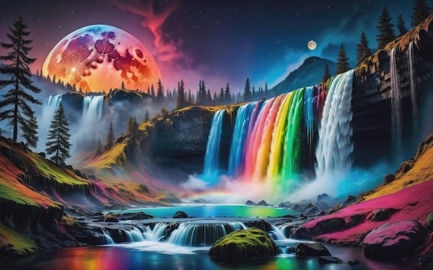 Luna fusa color arcobaleno sopra la cascata