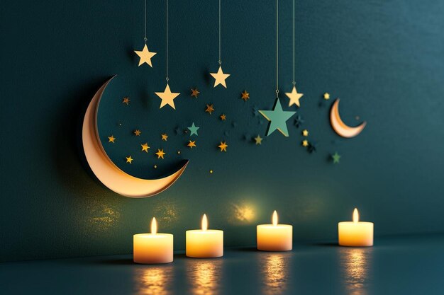 Luna in stile carta eid mubarak e candele con ornamenti