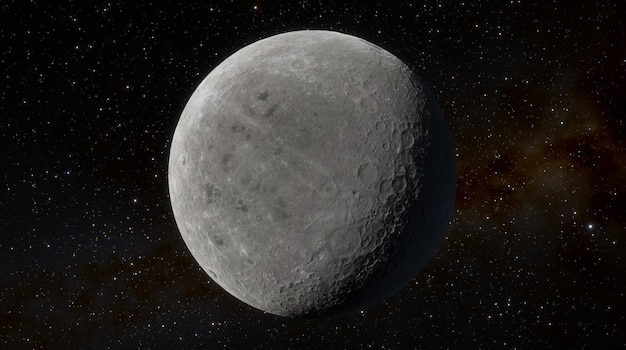 Luna nello spazio sullo sfondo di stelle, pianeti, galassie e nebulose. Crateri Satellite lunare di superficie. rendering 3d