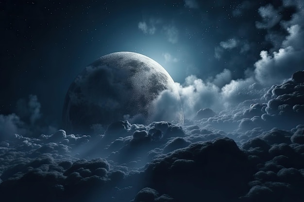 Luna piena che splende attraverso un cielo notturno nuvoloso IA generativa