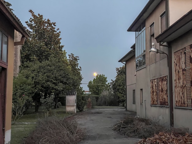 Luna piena gialla tra gli edifici al tramonto