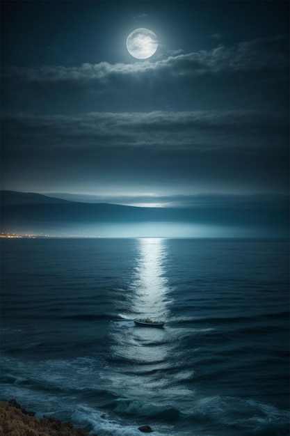 Luna piena sul mare al chiaro di luna piena Paesaggio notturno