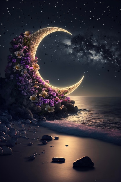Luna seduta in cima a una spiaggia accanto a uno specchio d'acqua generativo ai