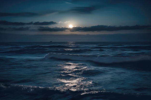 Luna sopra il mare di notte primo piano con percorso al chiaro di luna nello stile del chiaro di luna