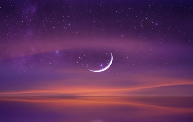 luna sul cielo stellato lilla blu riflesso sul mare con la nebulosa dei razzi del pianeta