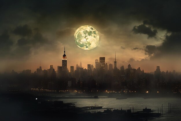 Luna sullo skyline di New York attraverso l'aria inquinata Creato con strumenti di intelligenza artificiale generativa