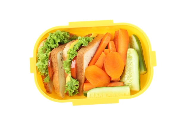 Lunch box con cibo gustoso isolato su sfondo bianco