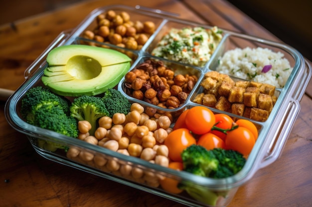 Lunch box vegano con ceci arrostiti, verdure crude e hummus AI generativa
