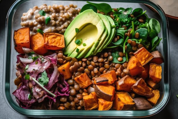 Lunch box vegano con patate dolci arrostite, lenticchie e condimento Tahini AI generativa