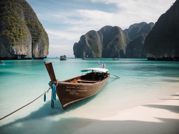 lunga barca e acqua blu alla baia di Maya nell'isola di Phi Phi Krabi Thailandia