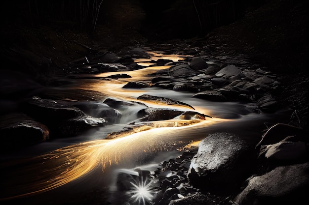 Lunga esposizione del torrente in esecuzione con lampi di luce dall'acqua