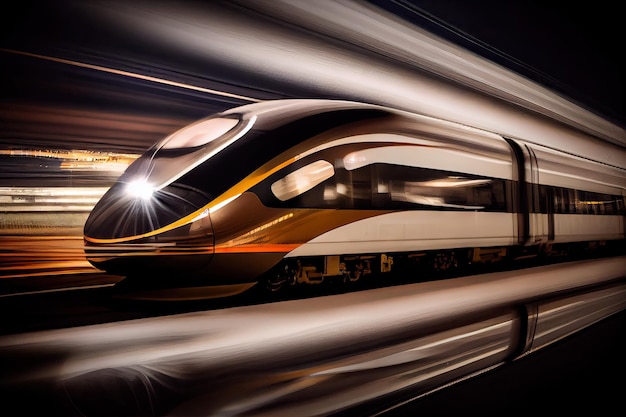 Lunga esposizione del treno ad alta velocità con luci e riflessi nella finestra
