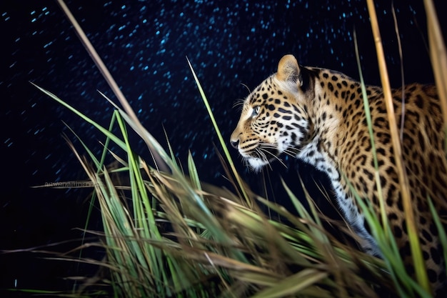 Lunga esposizione di un leopardo in agguato sotto il cielo stellato creato con l'IA generativa