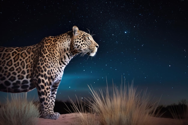 Lunga esposizione di un leopardo in agguato sotto il cielo stellato creato con l'IA generativa