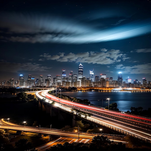 Lunga esposizione notturna con lo skyline della città ai generato