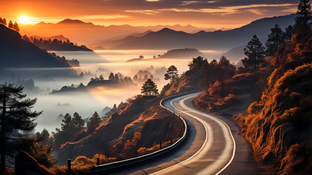 Lunga esposizione Strada di montagna nella nebbia al tramonto