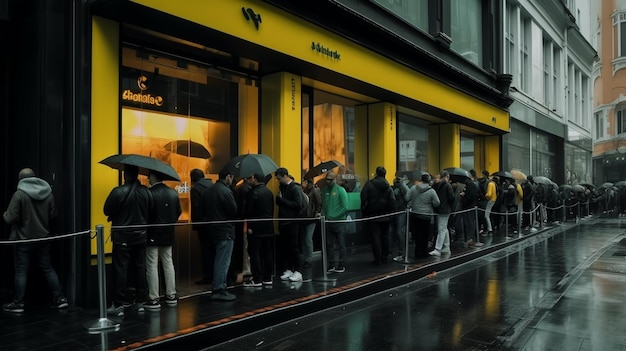 Lunga fila di persone in attesa dell'apertura di un negozio, di un evento comunale o di un altro evento pubblico