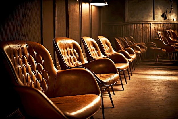 Lunga fila di sedia in pelle marrone sulle gambe nello spazio ufficio marrone
