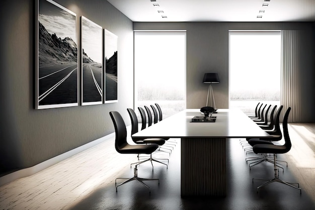 Lunga sala riunioni per ufficio vuota in interni moderni con stampe minimaliste