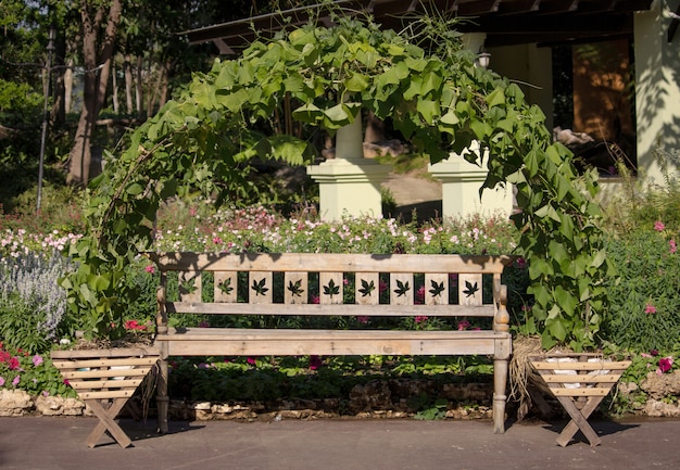 Lunga sedia di legno nel giardino accanto alla passerella