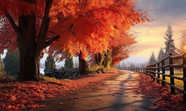 Lunga staccionata in legno con alberi foglie colorate Bellissimo autunno IA generativa