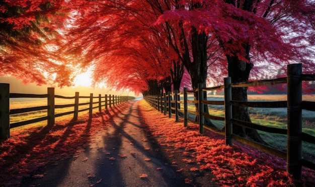 Lunga staccionata in legno con alberi foglie colorate Bellissimo autunno IA generativa