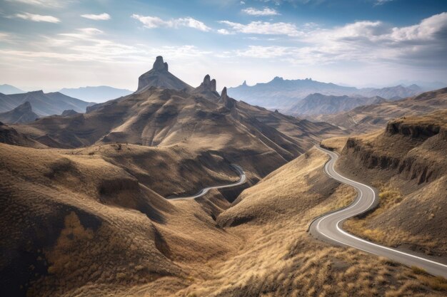 Lunga strada tortuosa con viste spettacolari sulle montagne che conducono a una destinazione pittoresca creata con l'intelligenza artificiale generativa