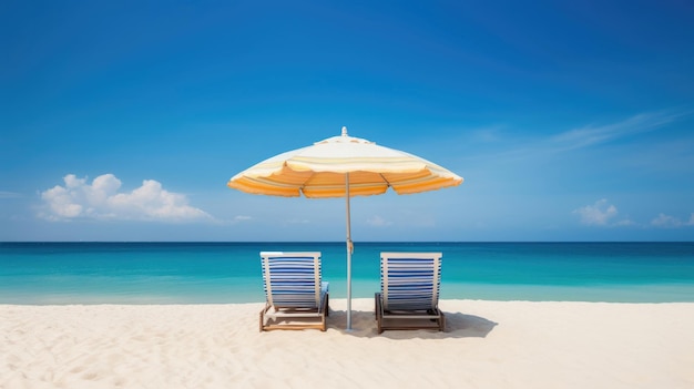 Lunghe da sole e un ombrello da spiaggia su una spiaggia tropicale con sabbia bianca e mare azzurro in una giornata di sole