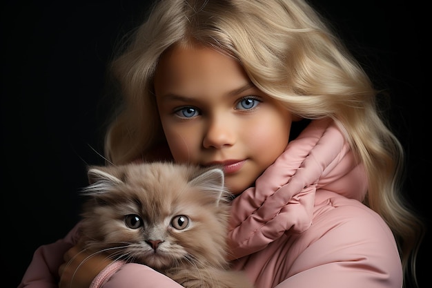 Lunghi capelli biondi bella ragazzina caucasica abbracciando un gatto soffice sullo sfondo scuro