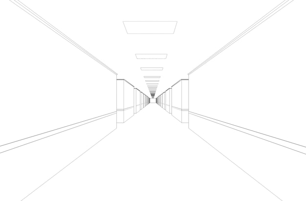 Lungo corridoio con contorno di porte di visualizzazione 3D illustrazione schizzo contorno