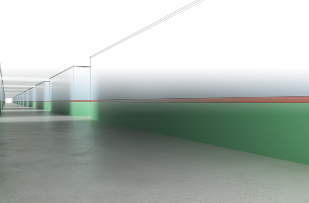 lungo corridoio con illustrazione 3D di visualizzazione interna delle porte