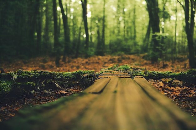 Lungo percorso di papere nella foresta tra alberi solitari