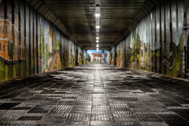 Lungo sottopassaggio con graffiti sui muri della città Liptovsky Hradok Slovacchia