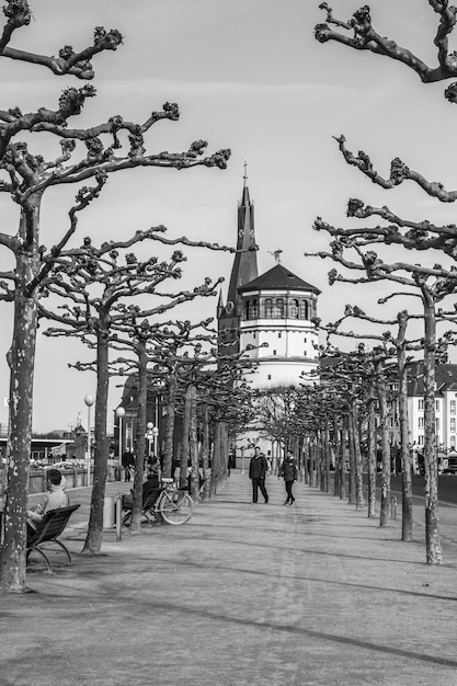 Lungofiume vicino al fiume Reno a Dusseldorf, Germania