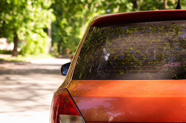 Lunotto posteriore dell'auto rossa parcheggiata sulla strada in estate mockup di vista posteriore di una giornata di sole