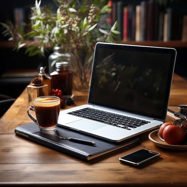 Luogo di lavoro con smartphone portatile su sfondo copyspace vista dall'alto del tavolo nero