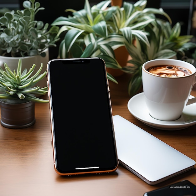 Luogo di lavoro con smartphone portatile su sfondo copyspace vista dall'alto del tavolo nero